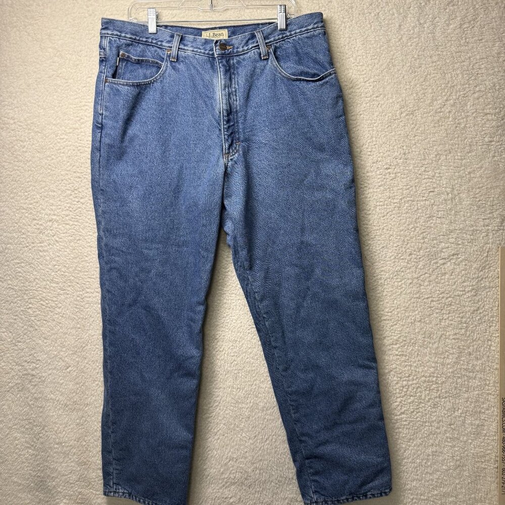 L.L.Bean Mens Classic Fit Blue Denim Jeans 38x32 Fleece Lined Warm Winter Pants